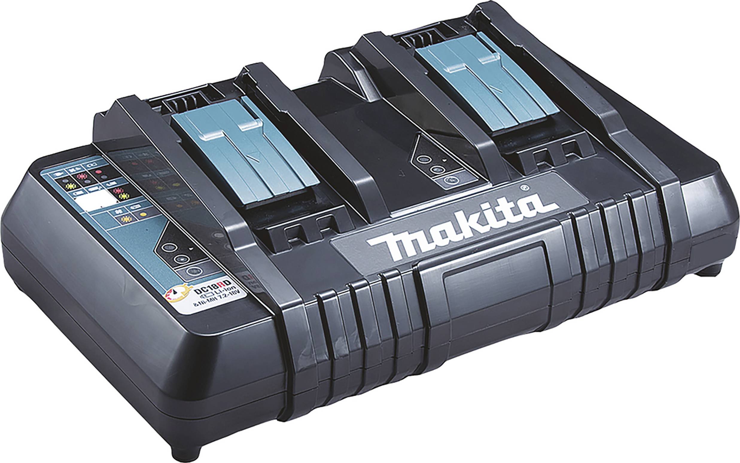 Dubbelladdare för batterier, märke synligt; två fack för samtidig laddning av batterier till elverktyg.