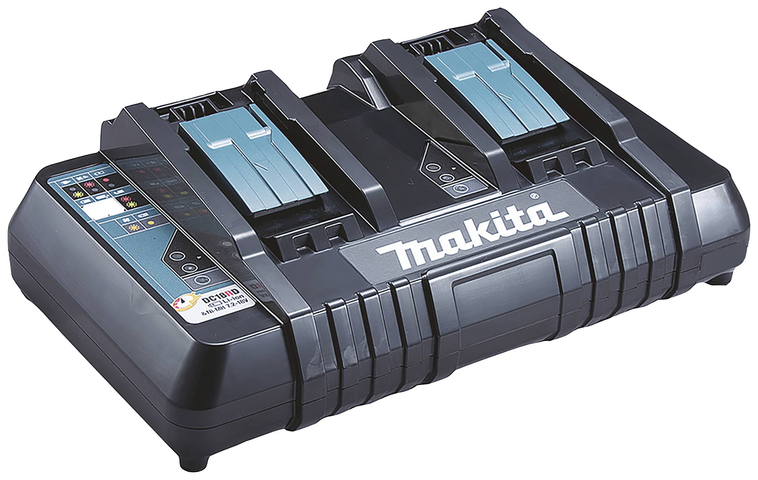 Dubbel laddare för Makita elverktygens batterier med två platser, indikatorlampor och kontrollpanel.