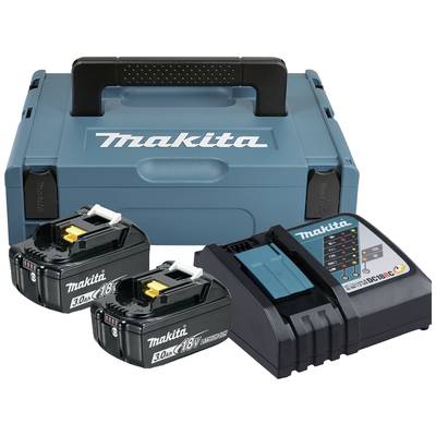 Blå verktygslåda med två 18V batterier och en laddare, alla märkta med Makita-logotyp. Perfekt för elverktyg.