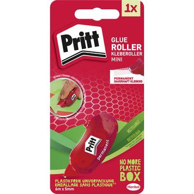'Pritt' Limroller förpackning, innehåller text 'Permanent', 'Återvinningsbar', 'Ingen Plastlåda Längre'. Röd roller-bild på grön bakgrund.