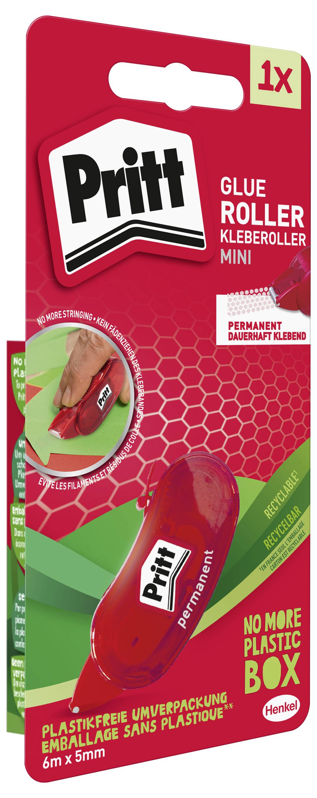 Ett rött paket som innehåller en Pritt Limroller, märkt som 'Kleberoller Mini', med en notering om plastfri förpackning och produktinformation.