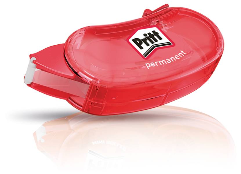 Röd Pritt permanent limrulle, oval form med en vit och röd logotyp. Används för precisionsuppgifter inom limning.