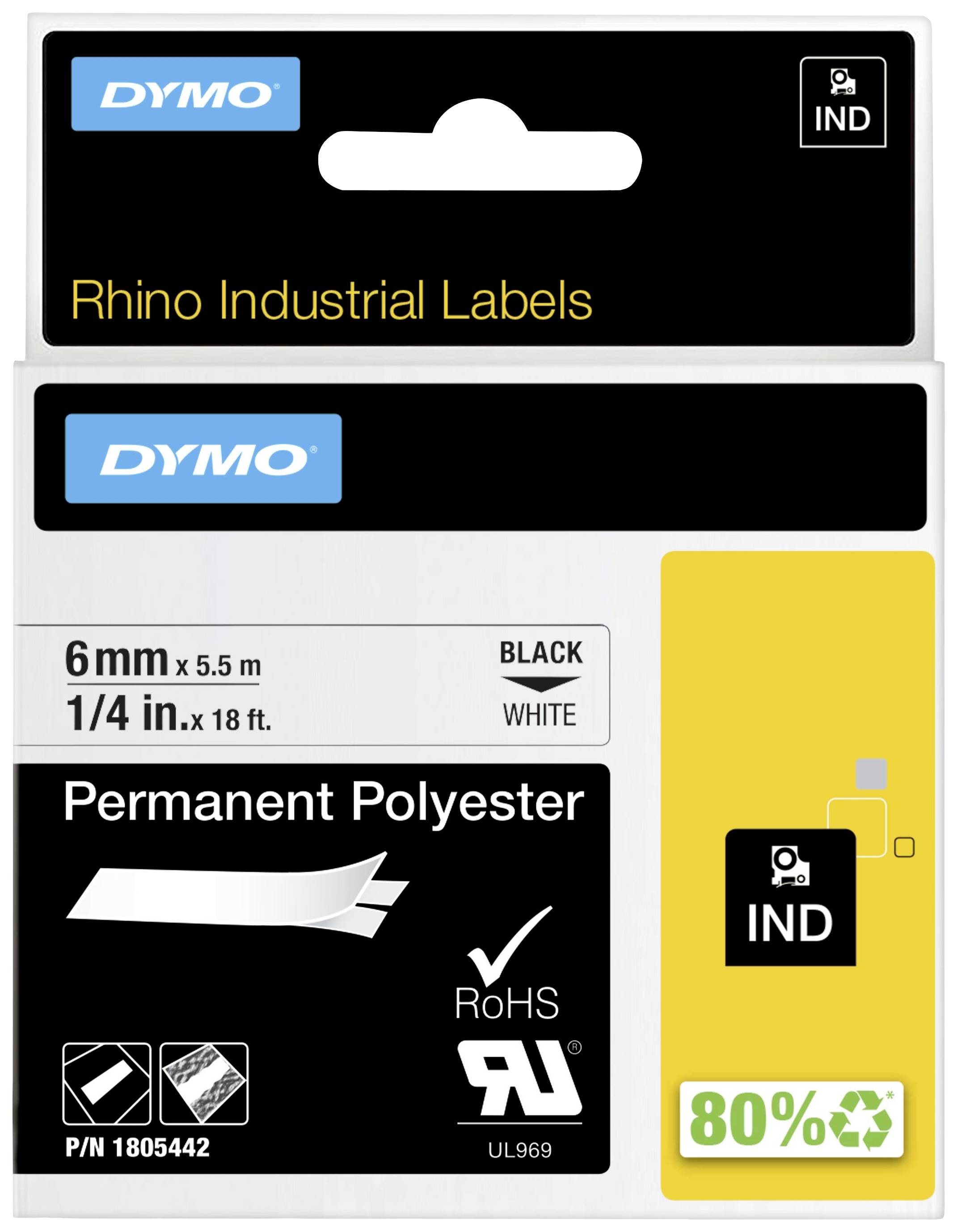 Dymo Rhino Industriella Etiketter. Svart text på vit bakgrund. Polyesterband, 6mm x 5,5m. För industriella ändamål.