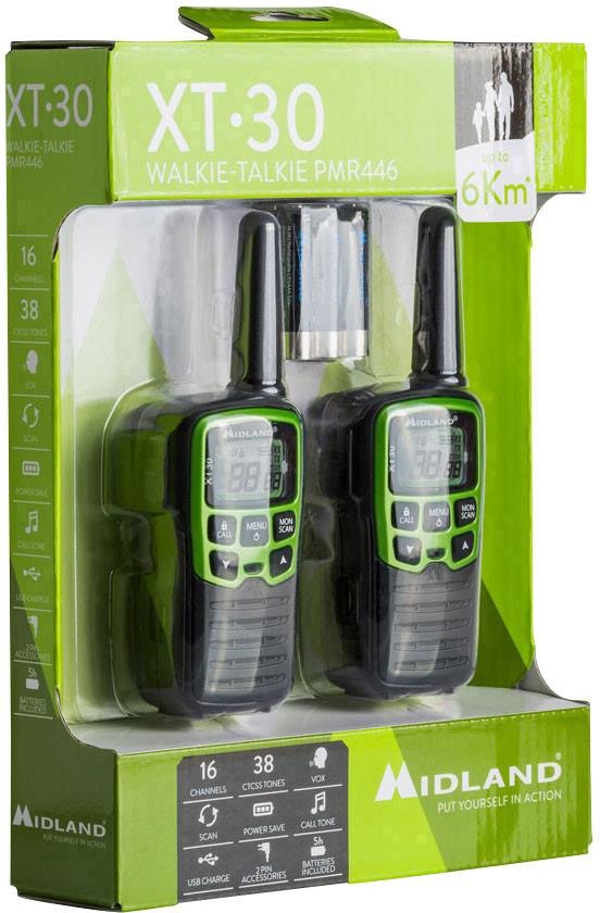Två svarta och gröna walkie-talkies i en förpackning märkt 'XT30 Walkie-Talkie PMR446', räckvidd upp till 6 km.