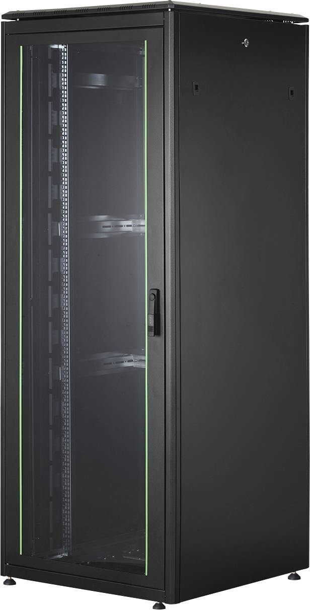 Ett svart server-rack-skåp med glasdörr och lysande gröna accenter, lämpligt för förvaring av elektroniska enheter i datacenter.