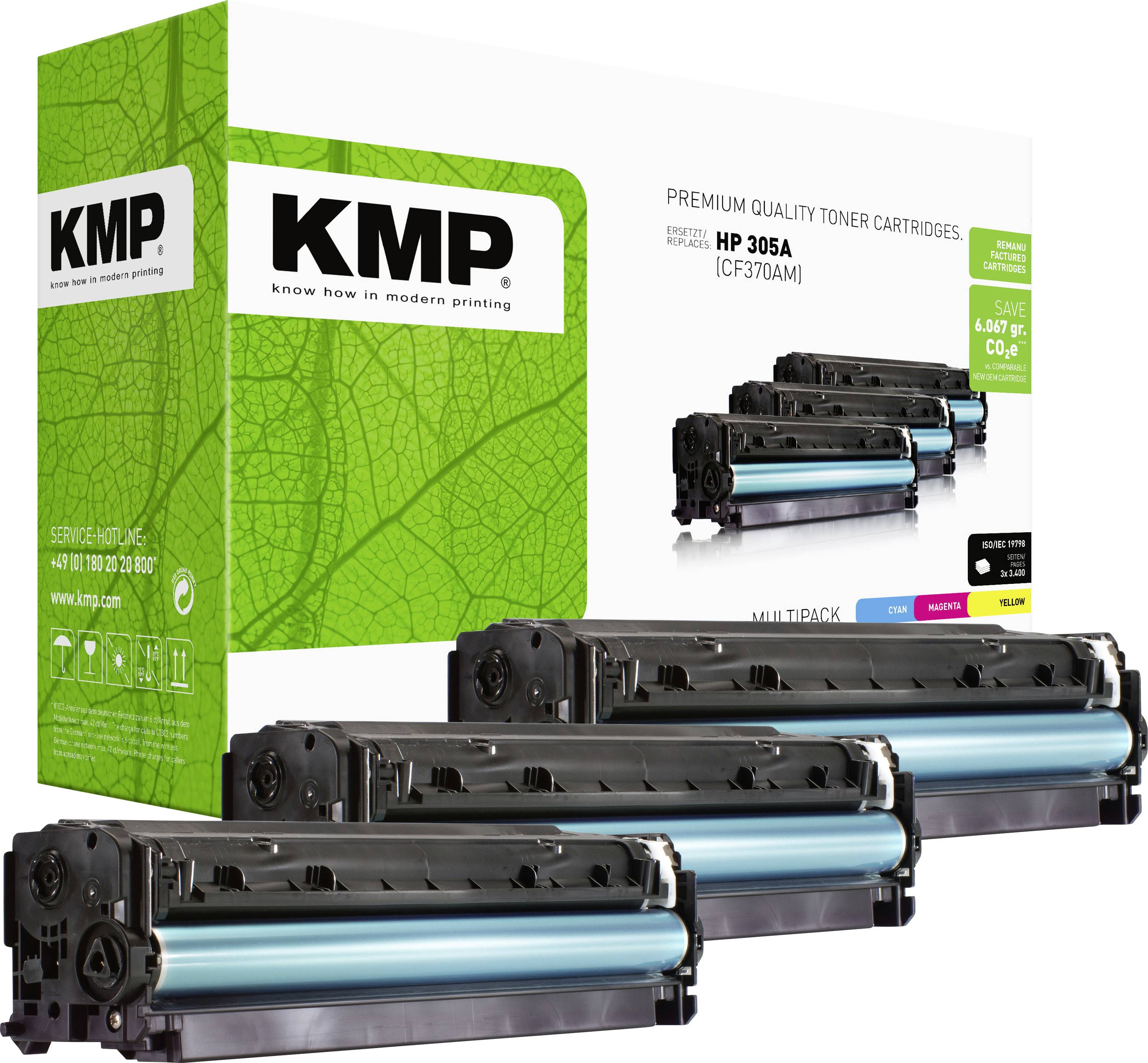 KMP premiumkvalitets tonerkassetter i multipack för HP 305A, visad med tre svarta och blå kassetter och grön produktlåda.
