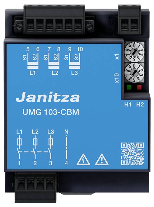 Elektronisk mätapparat med blå fronttext 'Janitza UMG 103-CBM', visar anslutningar och kontrollampor, används för övervakning av elektriska system.