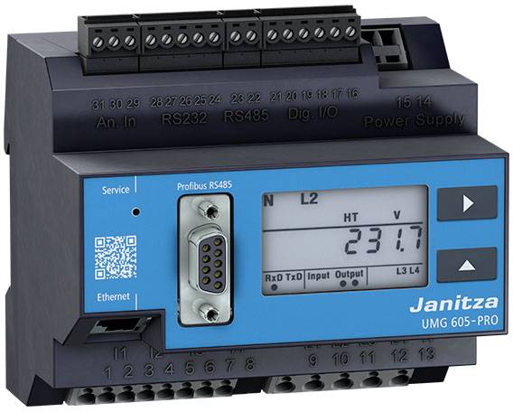 Elektroniskt mätinstrument med digitalvisning visar '231,7V'. Det har olika anslutningar och knappar för service och Ethernet.
