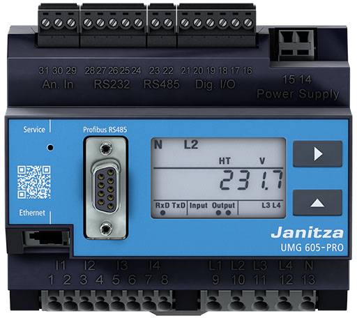 Elektroniskt mätinstrument med display. Visar '231,7 V' och har anslutningar för Ethernet och Profibus, samt en QR-kod.