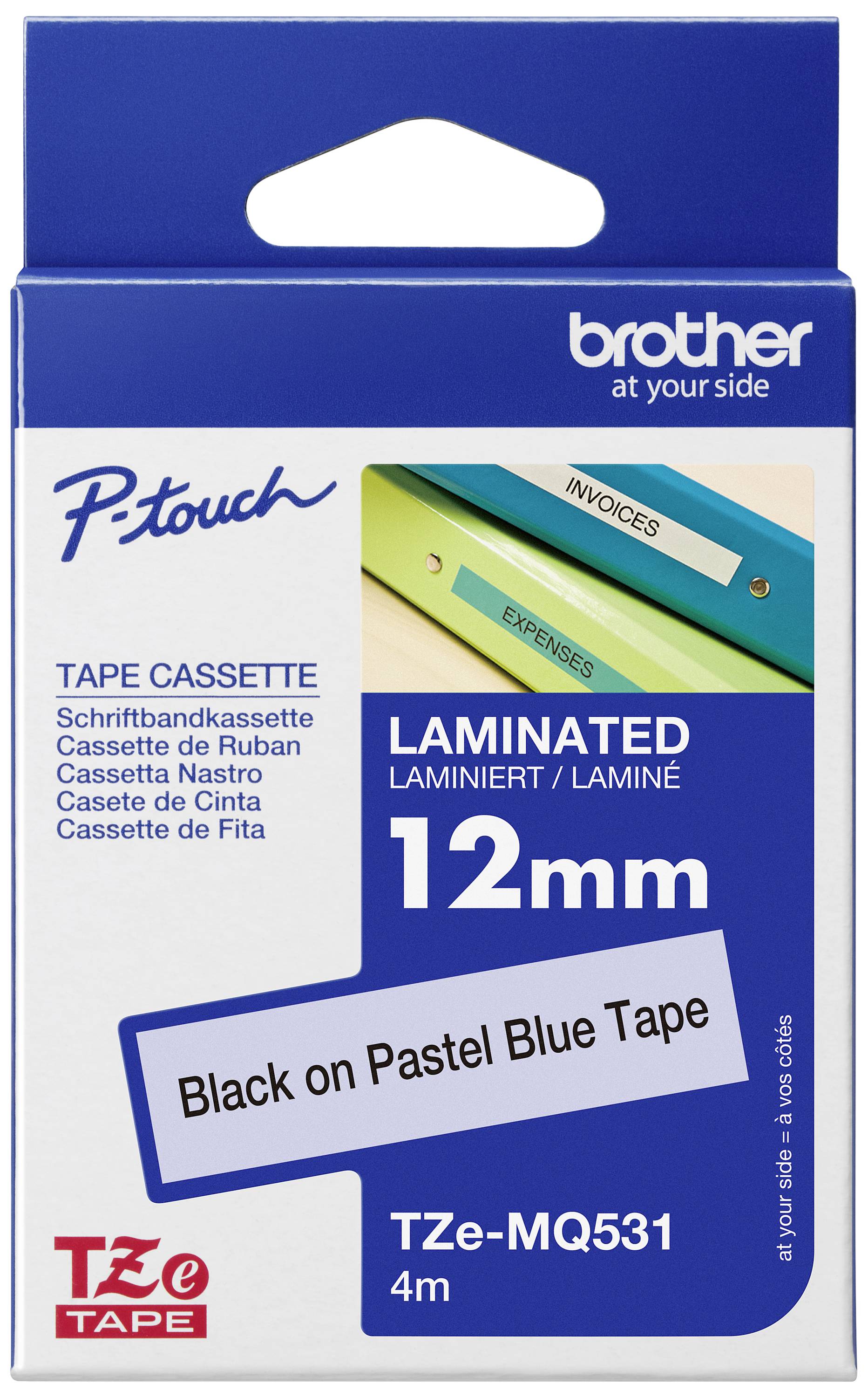 Förpackning för Brother P-touch märkbandskassett, laminerad, 12 mm bred, svart text på pastellblått band, 4 m längd.