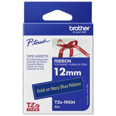 Förpackning för en Brother P-touch bandkassett, 12 mm guldtext på marinblått band, 4 meter lång.