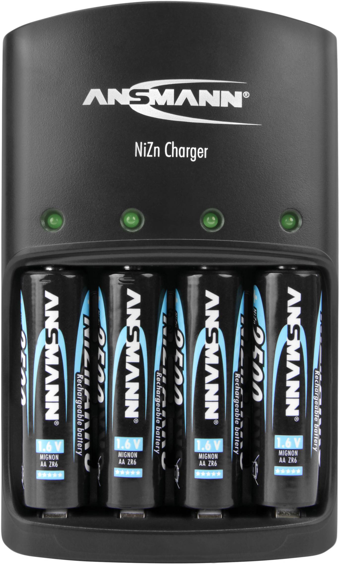Batteriladdare med fem ilagda NiZn-AA-batterier från Ansmann, laddningsindikator med gröna kontrollampor överst.