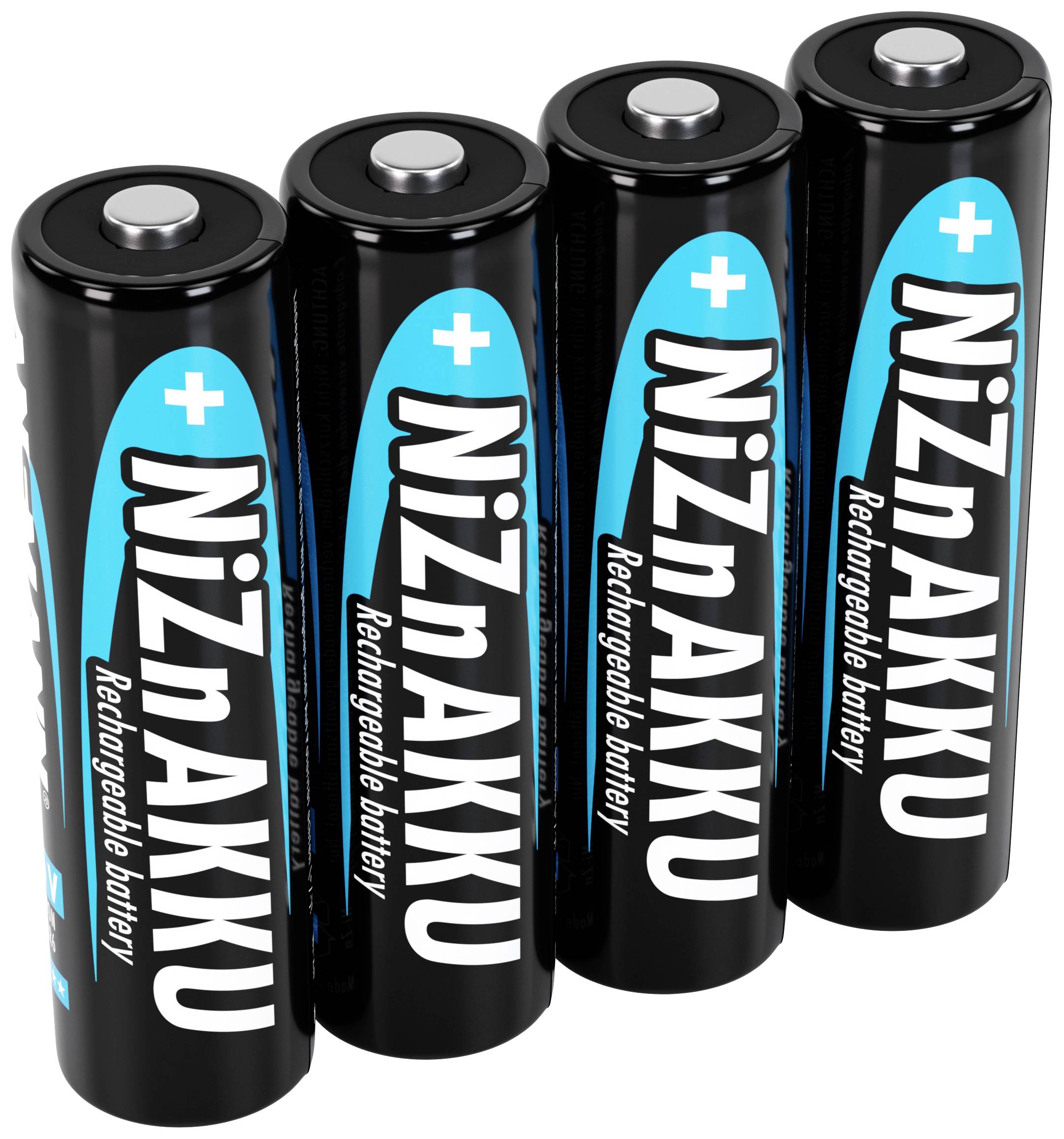 Fyra svarta NiZn-batterier med blå text 'Rechargeable battery' som står upprätt bredvid varandra.