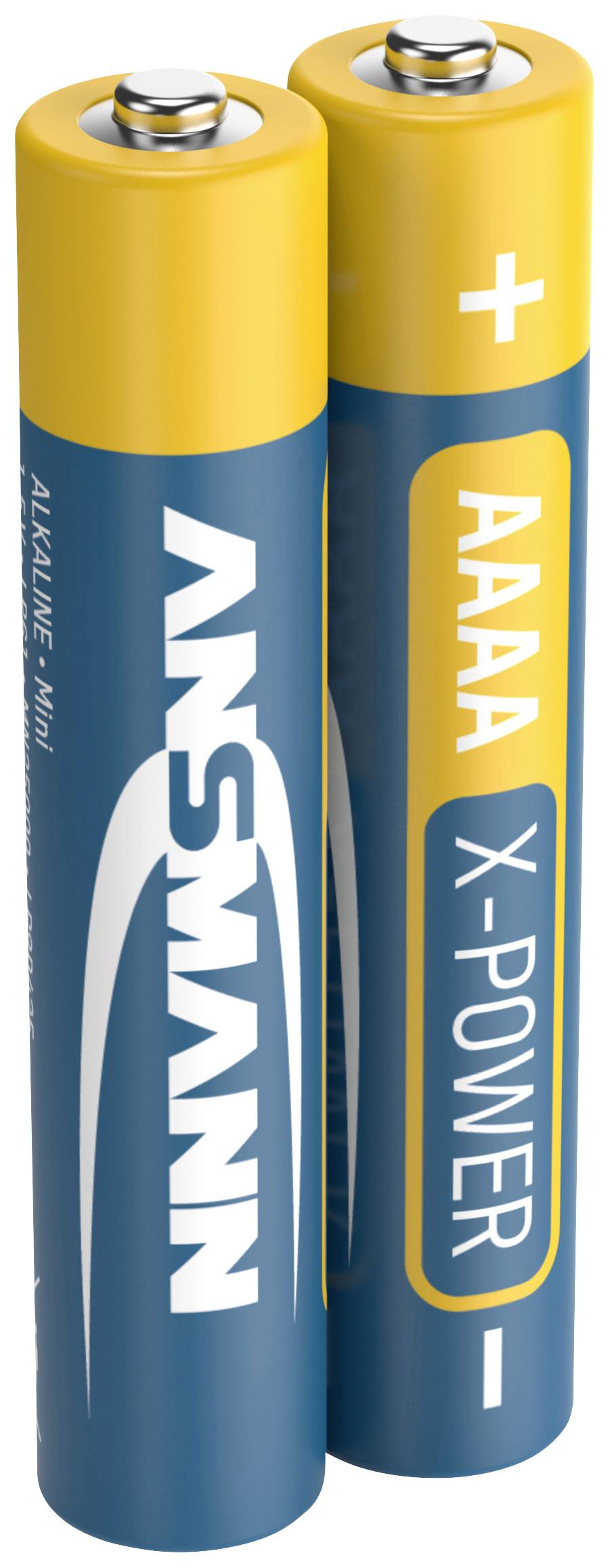 Två blå och gula AAAA-batterier med texten 'ANSMANN X-POWER', ett med positiv pol synlig och ett med negativ pol synlig.