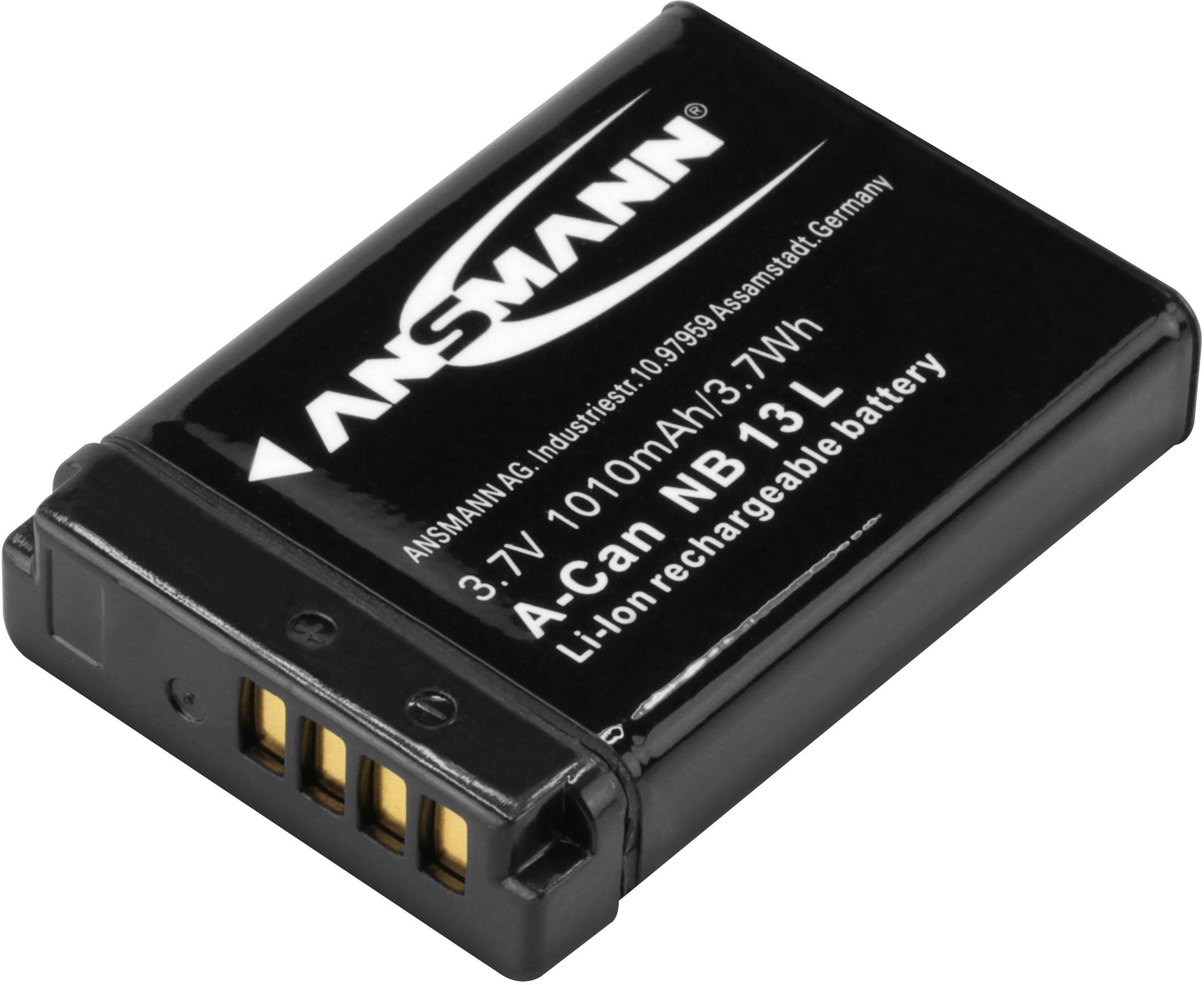 En Ansmann-batteriet märkt 'Ansmann NB 3L, Li-Ion, 3,7V, 1010mAh/3,7Wh'. Svart hölje, kompakt storlek.
