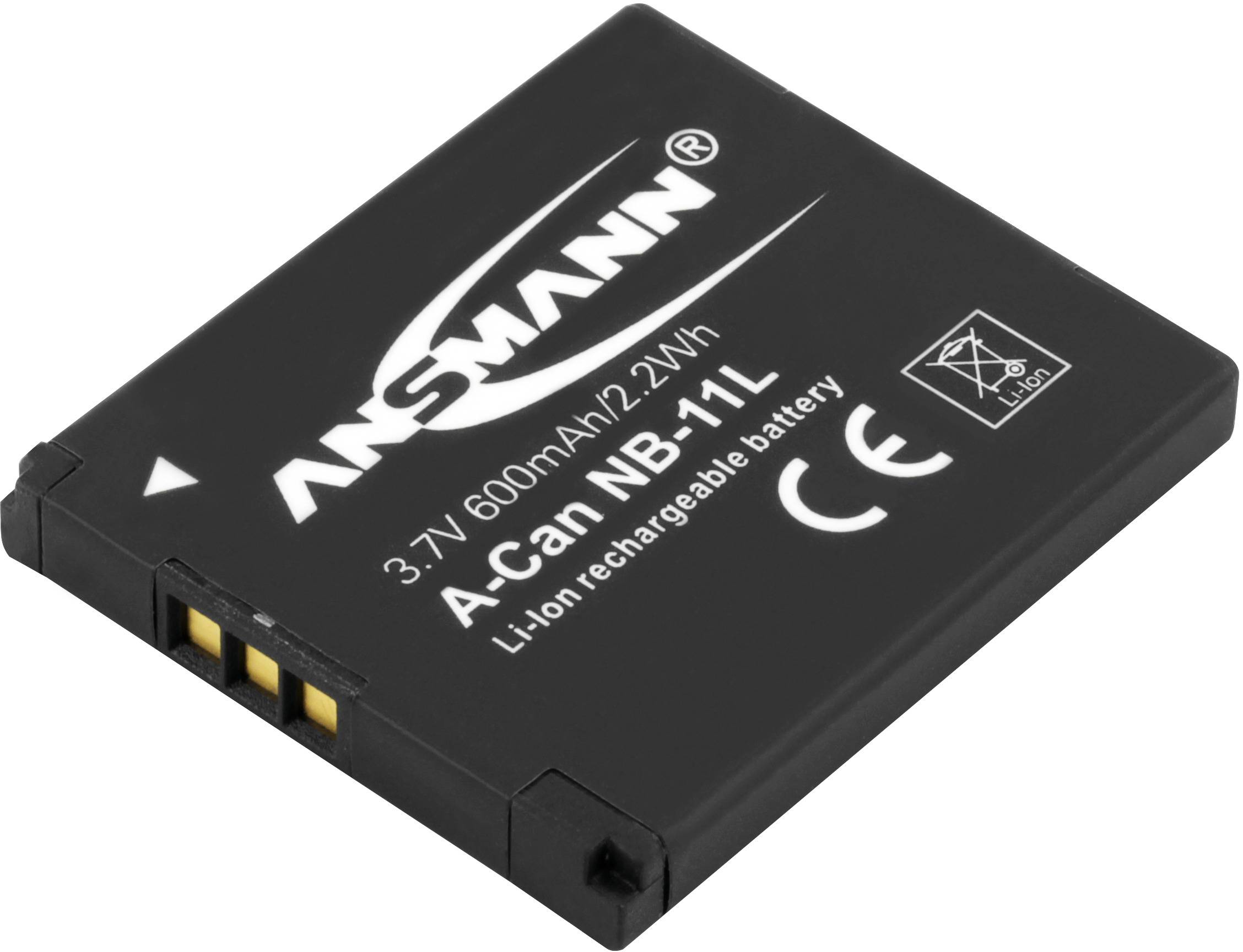 'Batteripack med 3,7V, 600mAh, 2,2Wh från Ansmann, modell NB-11L. Li-Ion-batteripack, laddningsbart, CE- och WEEE-märkning.'