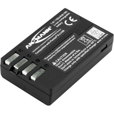 Li-Ion-batteri med kapacitet på 1100mAh, spänning 7,4V. Kompatibel med Pentax D-LI109. Märkningar för säkerhet och avfallshantering synliga.