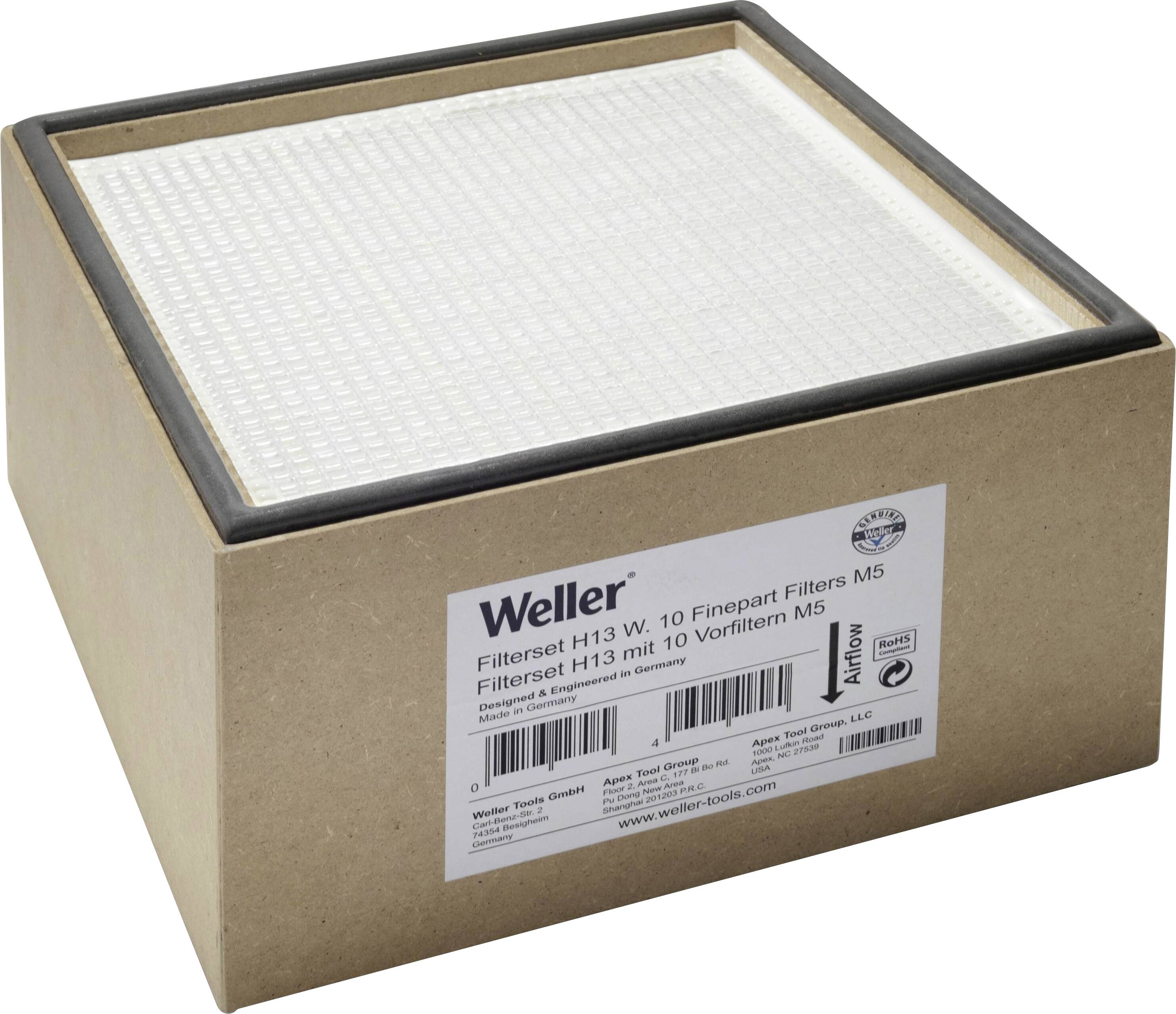 En rektangulär kartong med ett luftfilter från Weller, modell Filterset H13 med 10 finpartikelfilter M5, står upprätt.
