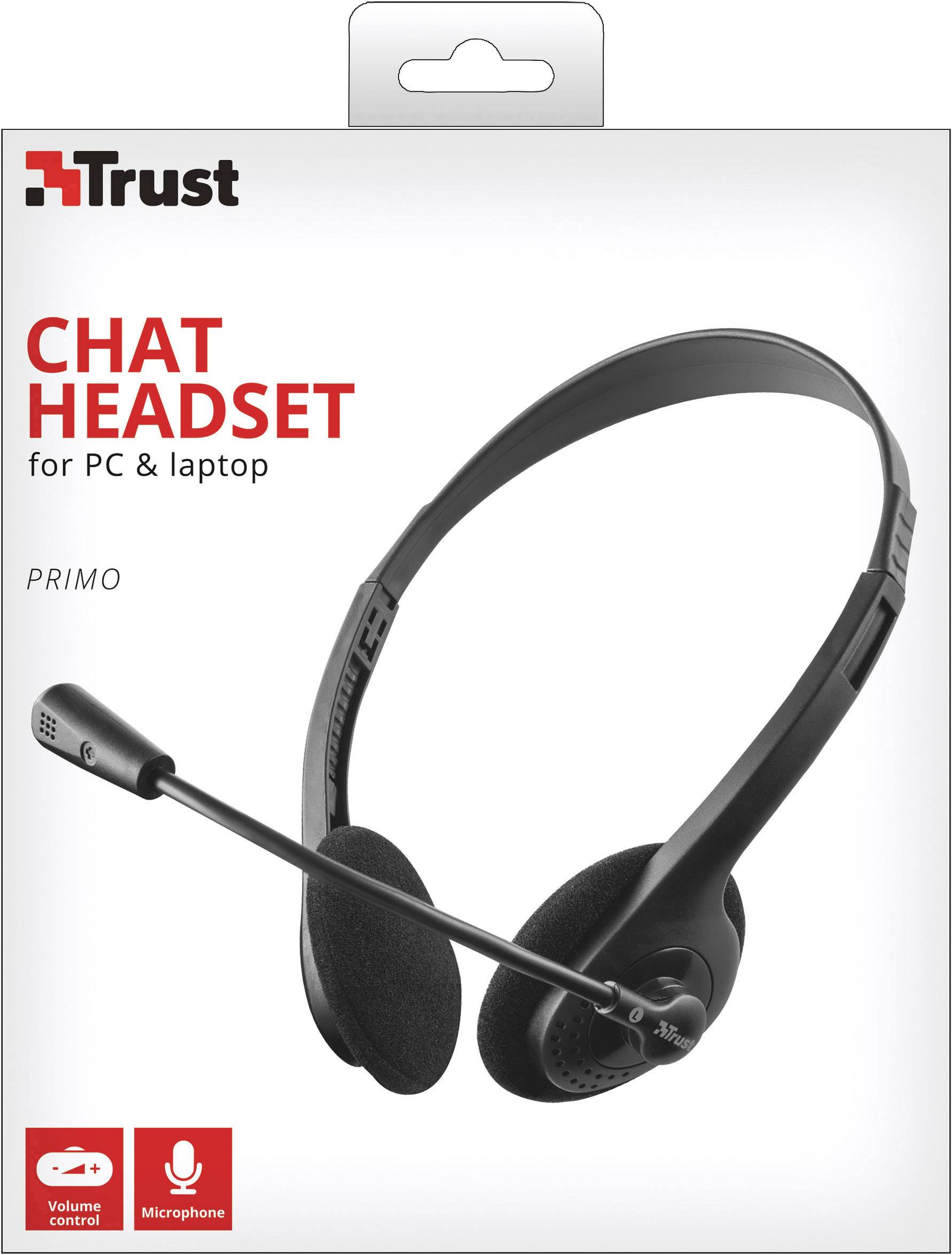 Förpackning för ett Chat-headset för PC och laptop från märket Trust. Svart headset med mikrofon och volymkontrollsymboler.