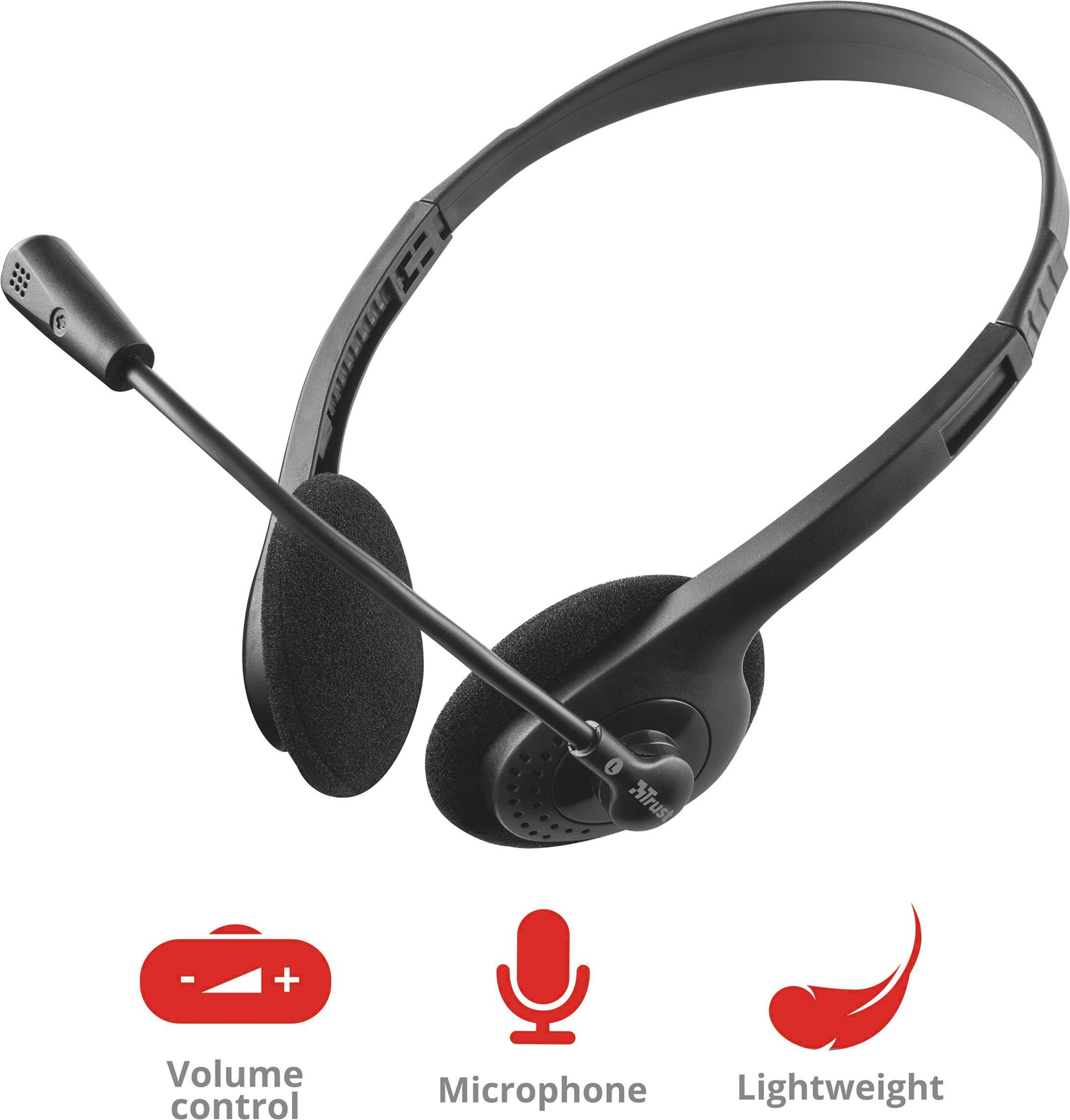 Svart headset med mikrofon, volymkontroll och lätt design. Lämplig för bekväma ljudapplikationer.