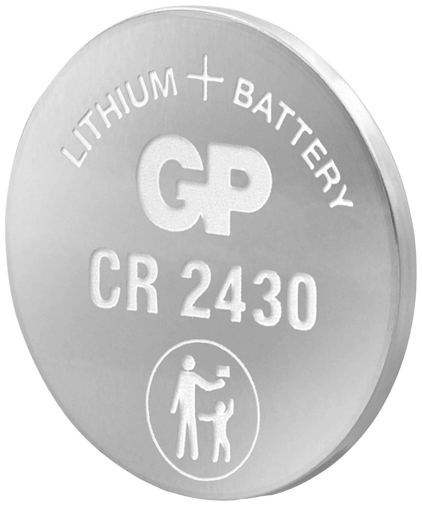 En silverknappcell har texten 'Lithium + Batteri GP CR 2430'. En symbol visar en överstruken figur med ett barn som håller ett batteri.