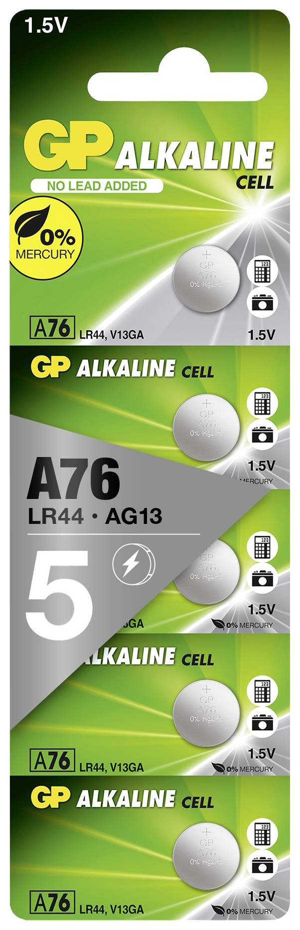 GP Alkaline Cell batterier, typ A76, LR44, 1,5V, fem stycken. Förpackningen betonar kvicksilverfrihet och använder gröna färgtoner.