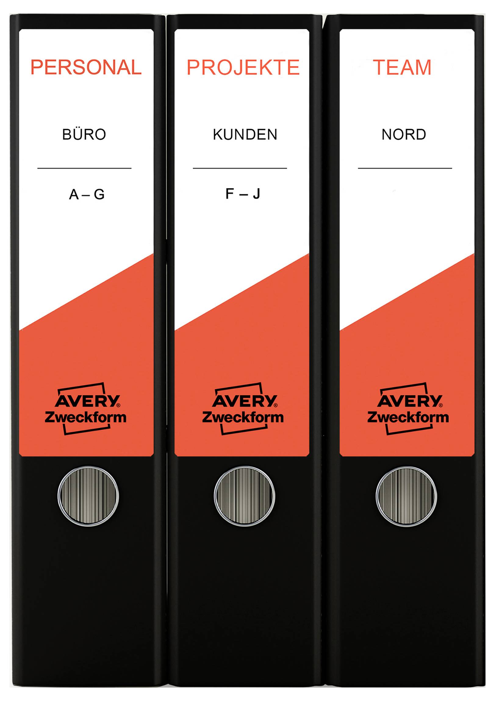 Tre svarta ringpärmar från Avery Zweckform med trycken 'PERSONAL', 'PROJEKT' och 'TEAM' för kontor, kunder och Nord.