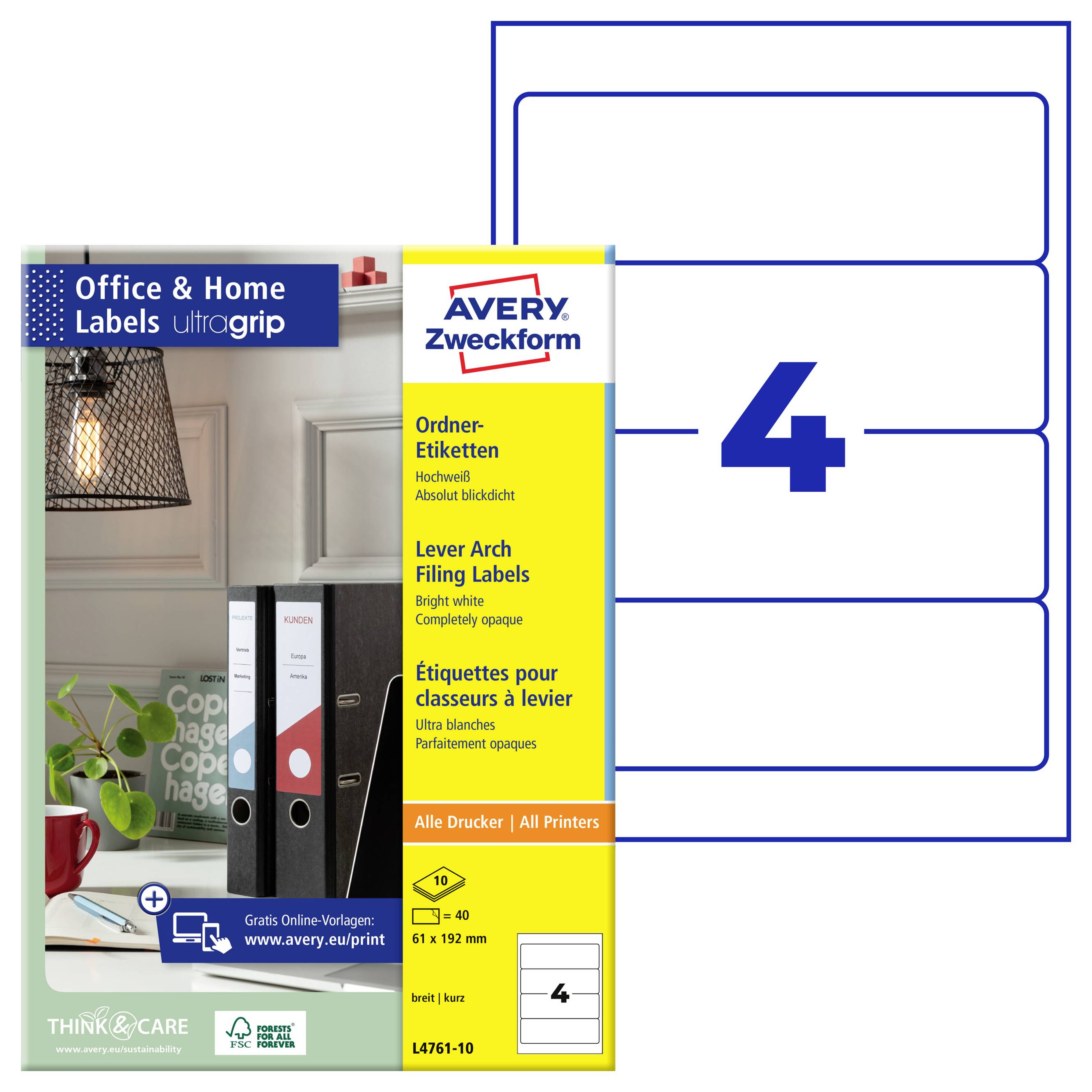 Avery Zweckform kontors- och hemmeetiketter paket med 4 stora tomma vita självhäftande etiketter med blå kanter på ett ark.