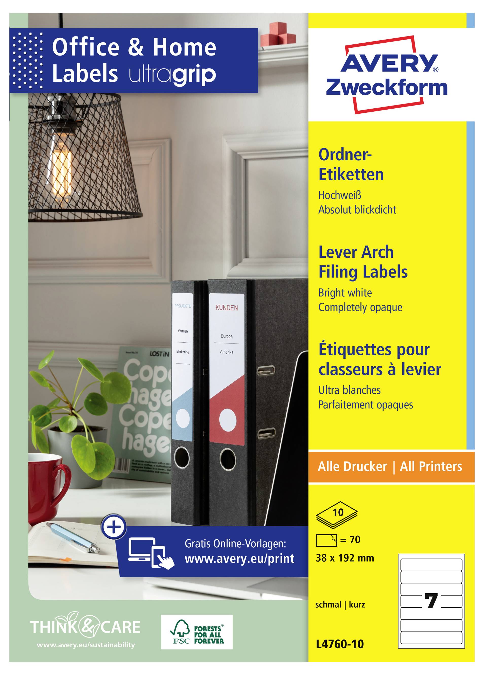 Avery Zweckform 'Office & Home Labels ultragrip' förpackning för väghållarfileetiketter, 38 x 192 mm, alla skrivare, 70 ark, kod L4760-10.