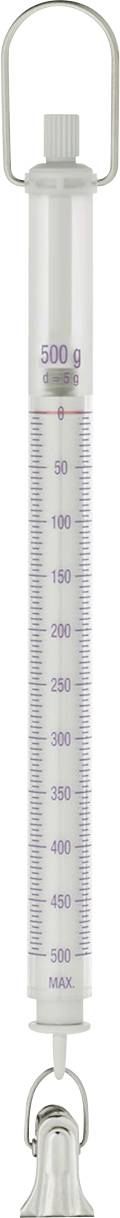 Fjädervåg upp till 500 g, visad skala från 0 till 500 g i steg om 50 g, med krok nedtill och ett handtag ovanpå.