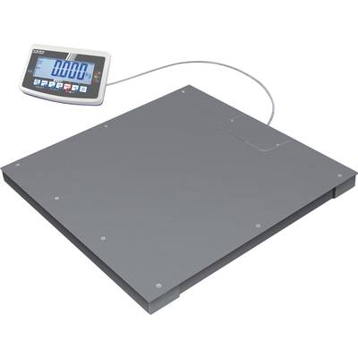 Elektronisk våg med en stor, grå plattform och en digital display som är ansluten via en kabel. Displayen visar '0.0 kg'.