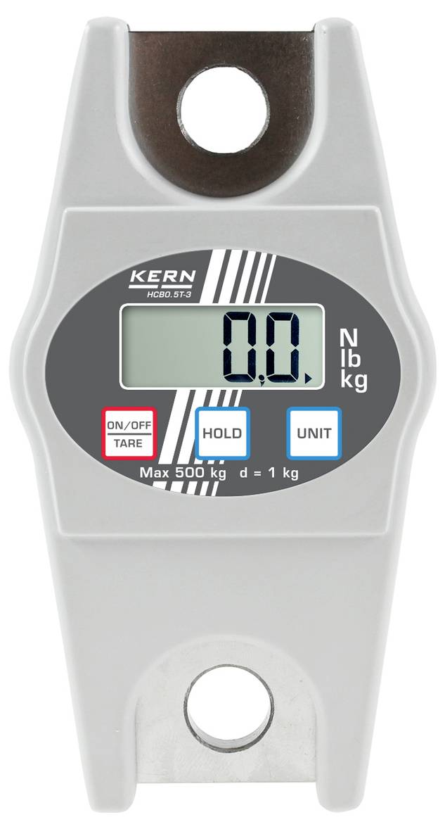 Digital kranvåg med grått hölje visar '0,0 kg'. Knappar för 'På/Av', 'Tara', 'Hold', 'Enhet'. Maximal last 500 kg.