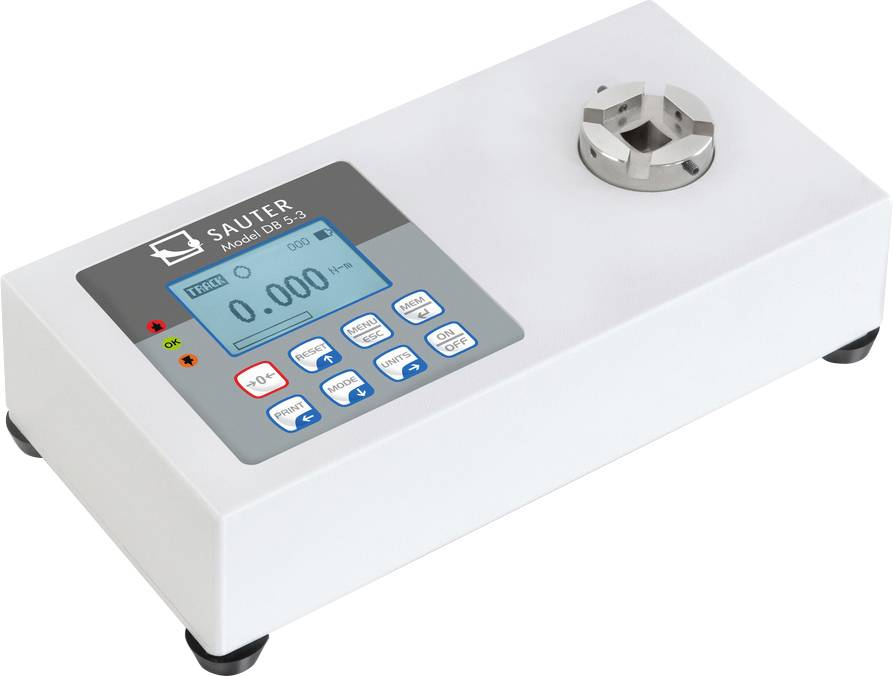 Digitalt vridmomentmätningsinstrument med display, knappar för manövrering och en metallinsats längst upp till höger. Tillverkarlogotyp längst upp till vänster.