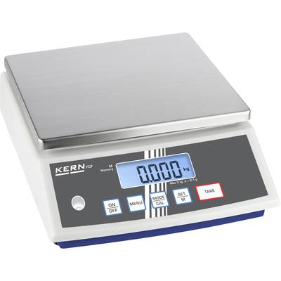 En digital våg med blått bakgrundsbelyst display visar '0,000 kg'. Knappar för På/Av, Meny, Läge och Tara-funktion är synliga.
