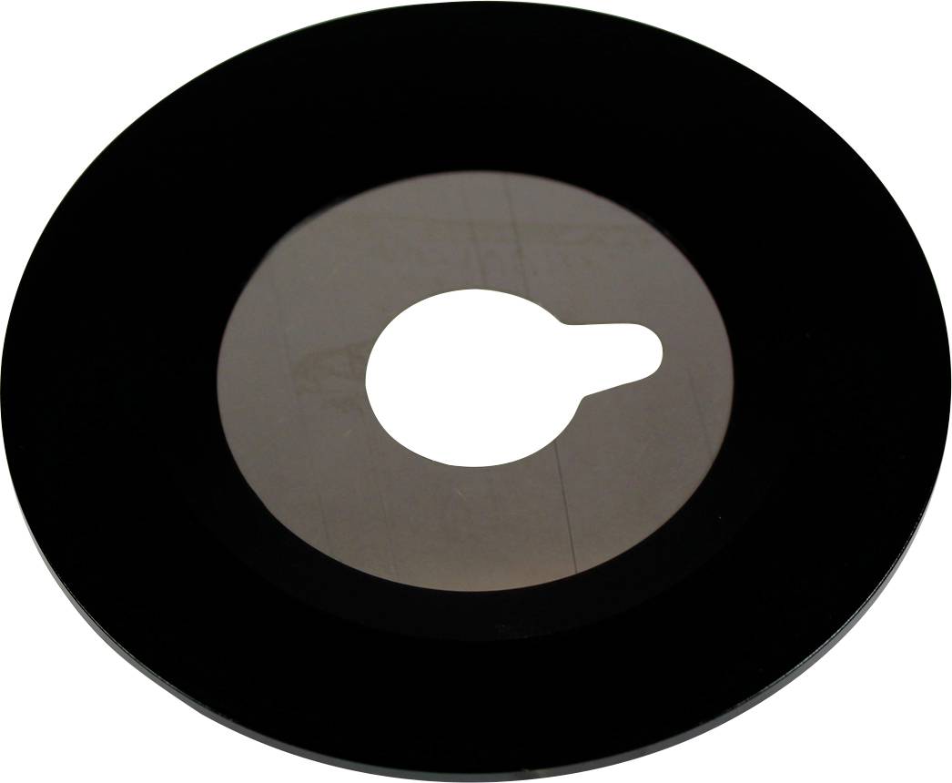 Svarta plastadaptrar för 45 varv/minut-singlar med centralt hål, avsedda för uppspelning på en vanlig skivspelare.