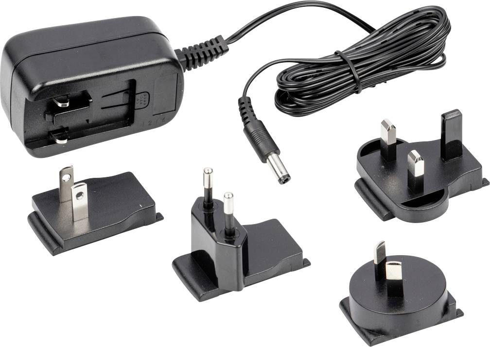 Ett svart nätadapter med flera utbytbara kontakter för olika länder, inklusive EU-, UK-, US- och AU-adaptrar.