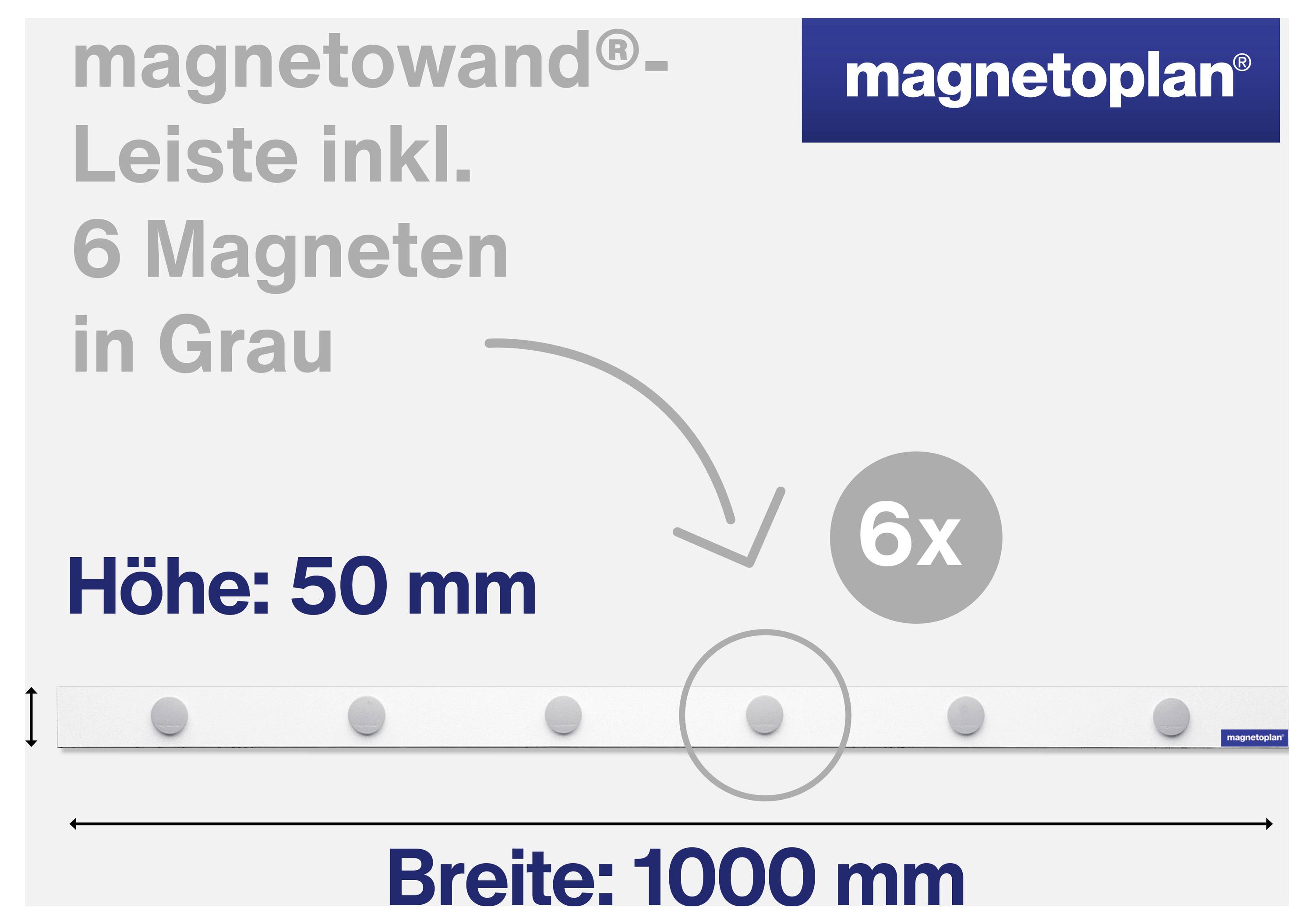 'Magnetoplan' magnetlist i grått, innehåller 6 magneter. Höjd: 50 mm, bredd: 1000 mm.