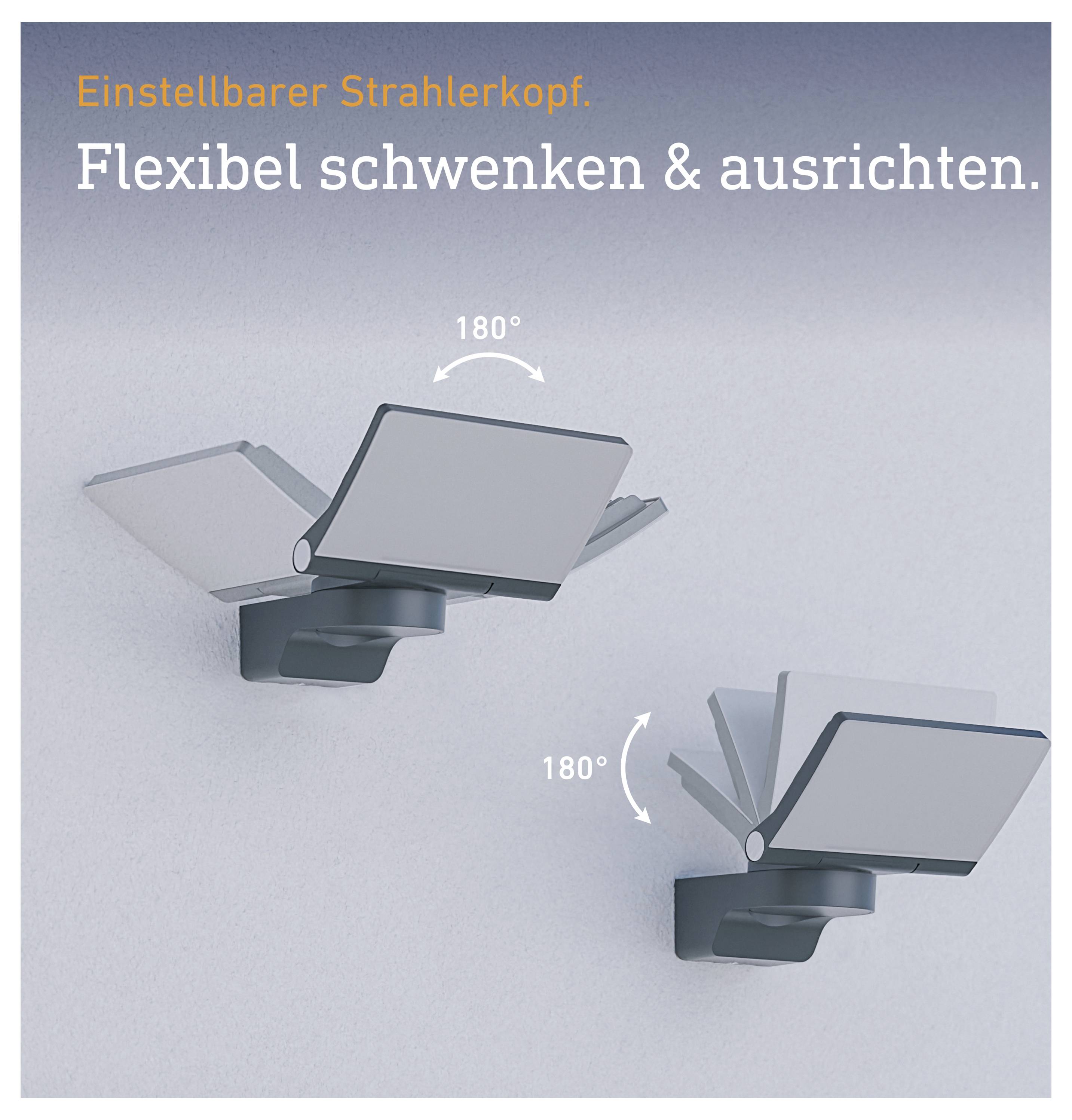Reklamillustration av ett justerbart spridarhuvud med texten "Flexibel svängning & inriktning."; visar 180°-svängrörelse i två positioner.