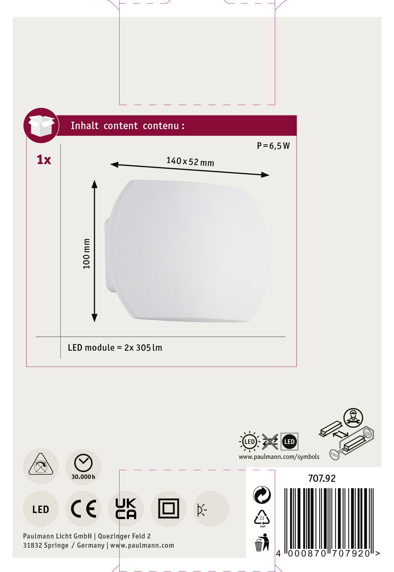 Innehåll: 1x LED-modul, mått 140x52 mm, effekt 6,5 W, LED-modul: 2x305 lm. Tillverkare: Paulmann Licht GmbH, Tyskland.