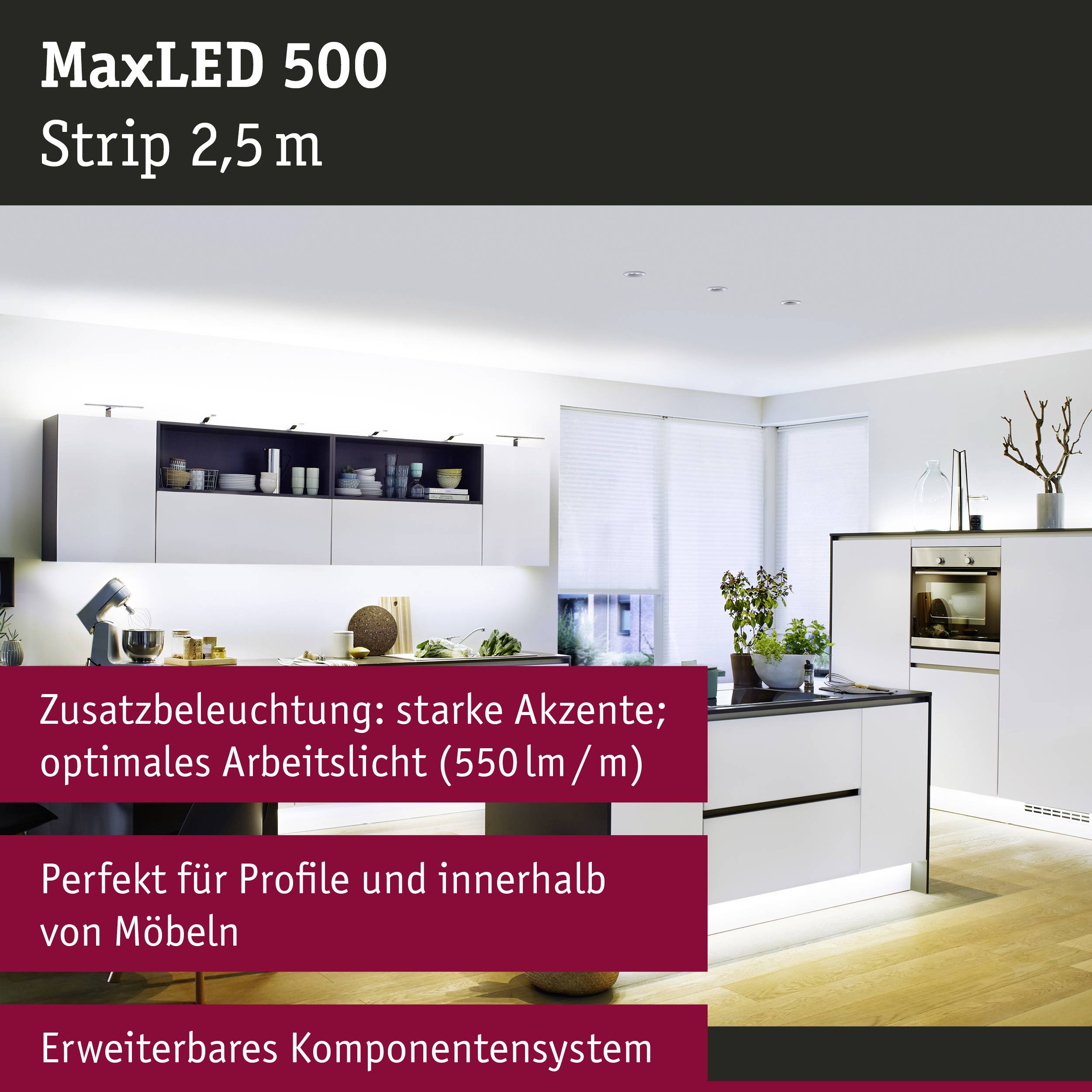 Kök med moderna skåp och LED-belysning. Text: 'MaxLED 500 Strip 2,5 m', 'Arbetsbelysning: 550 lm/m'. Ideal för accentbelysning och möbler.