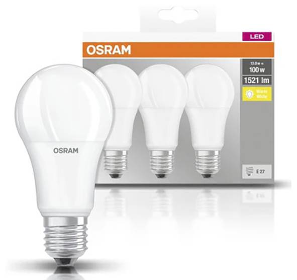 Tre OSRAM LED-glödlampor med E27-sockel, 10,5W, motsvarar 100W, 1521 lumen, varmvitt, i en förpackning.