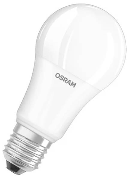 En vit LED-glödlampa med texten 'OSRAM' på höljet. Den har en E27-sockel.