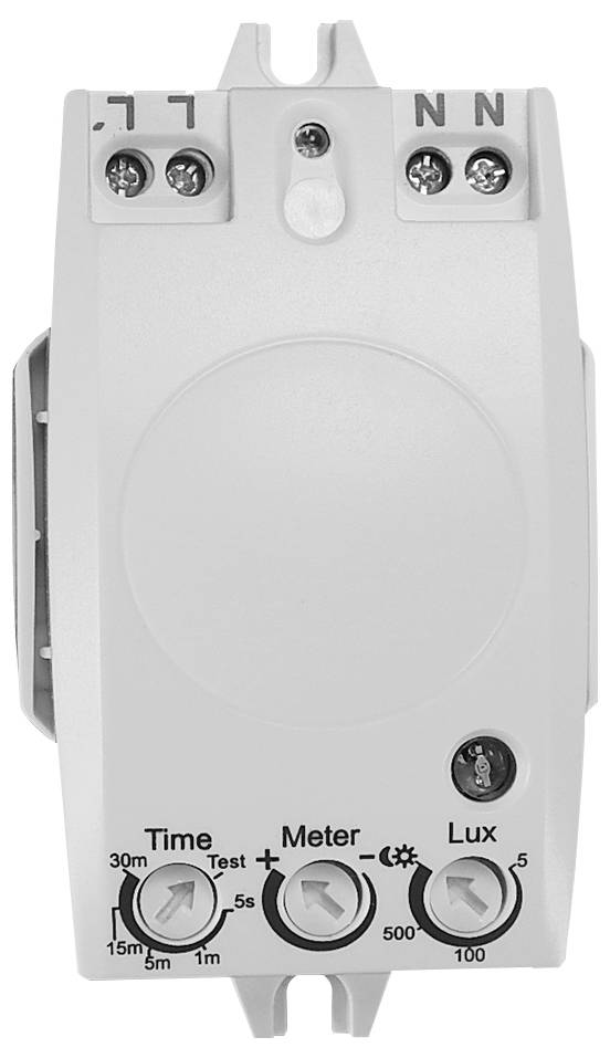 Vit elektrisk timerbrytarmodul med terminaler märkta L och N, och tre framre vredar för inställningarna Tid, Mätare och Lux.