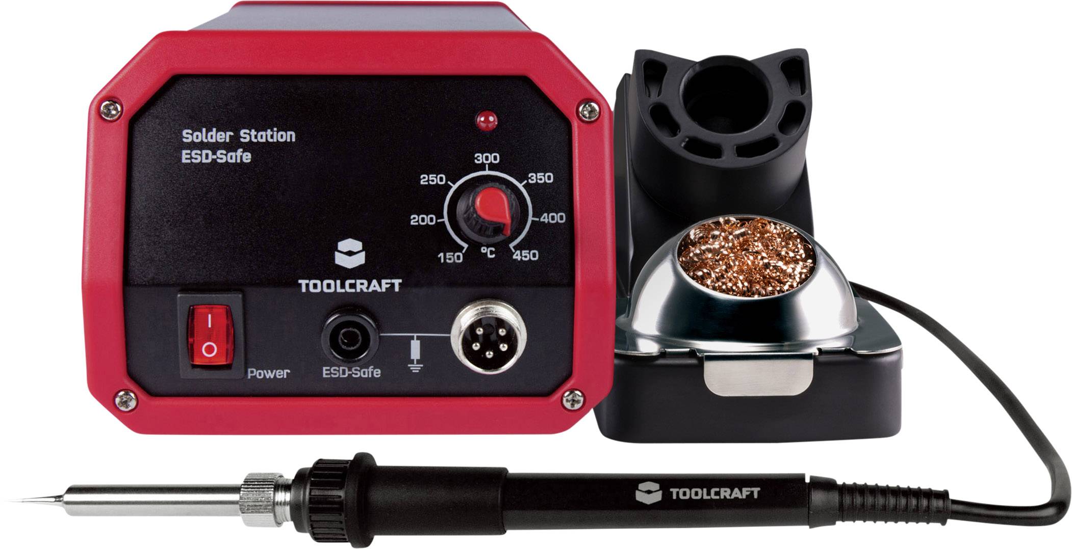 Lödstation med temperaturreglering, lödspets och ställ med rengöringssvamp. Märkt med 'TOOLCRAFT' och 'ESD-säker'.