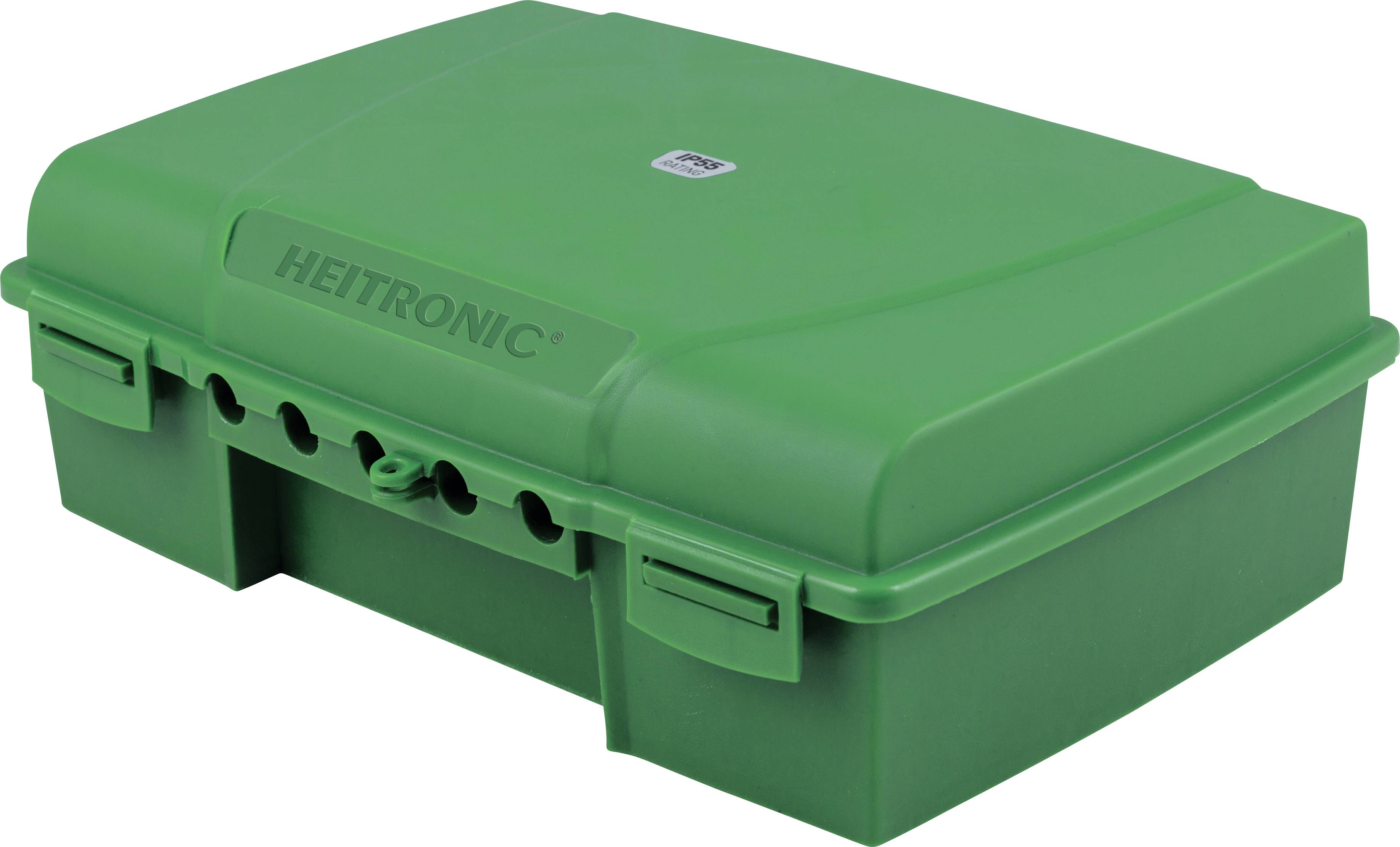 Grön elektrisk anslutningsbox med namnet 'Heitronic' på ovansidan. Den visar flera kabelanslutningar på framsidan.
