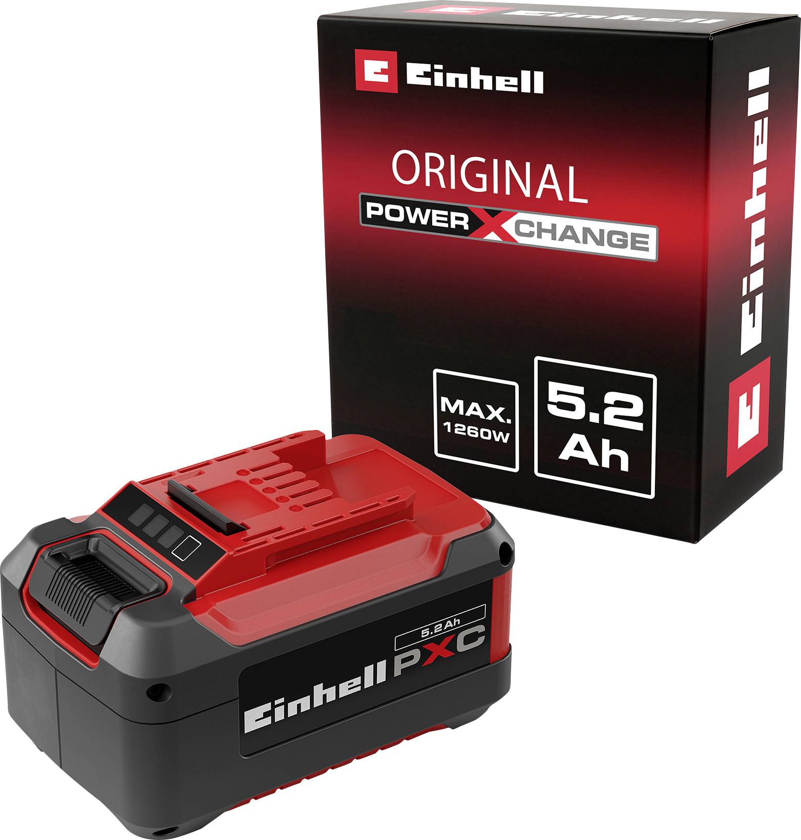 Två röda och svarta litium-jon-batterier från Einhell Power X-Change, vardera med 5,2 Ah och 18V, lämpade för elverktyg.