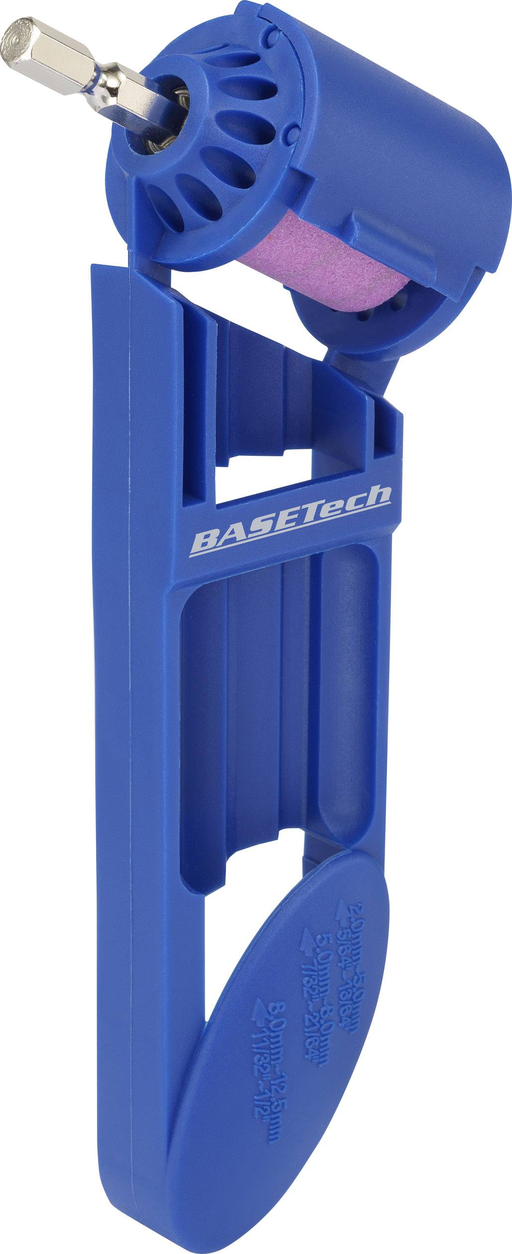 En blå verktygshållare med ett roterande slipfäste, lämplig för att slipa borrar. Varumärket 'Basetech' synligt.