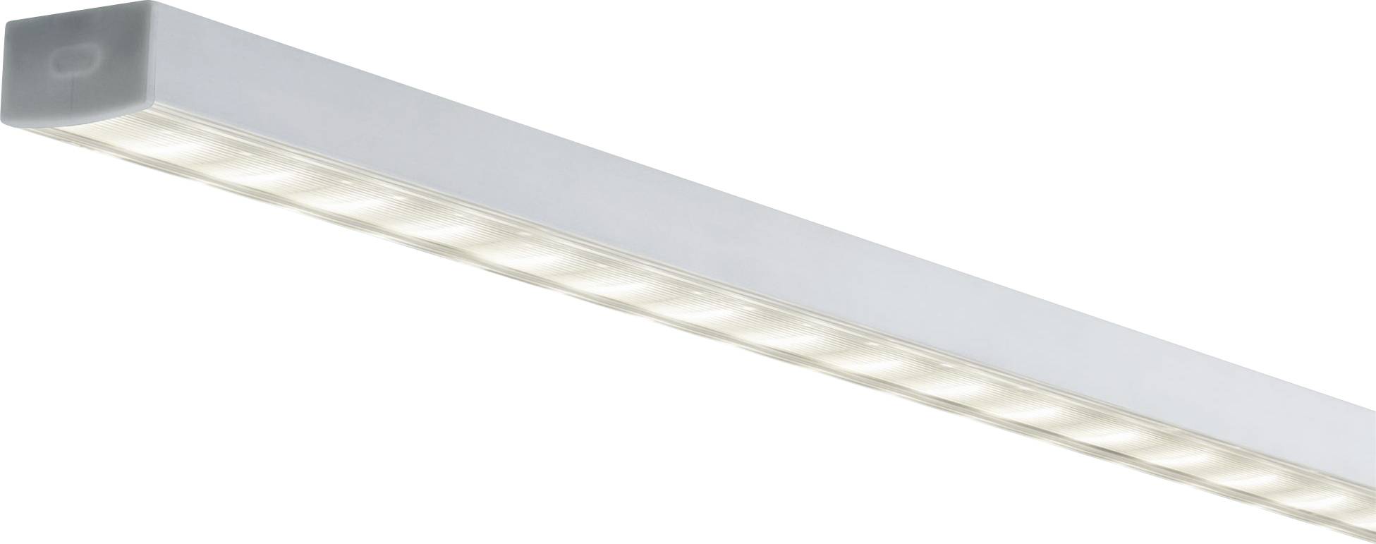 En lång, vit LED-armatur med rektangulär form, monterad på en vägg eller i taket, som utstrålar varmt ljus.