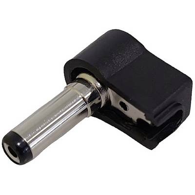 En svart, vinklad likströmsadapter med metallstift och isolering, lämplig för elektroniska enheter.