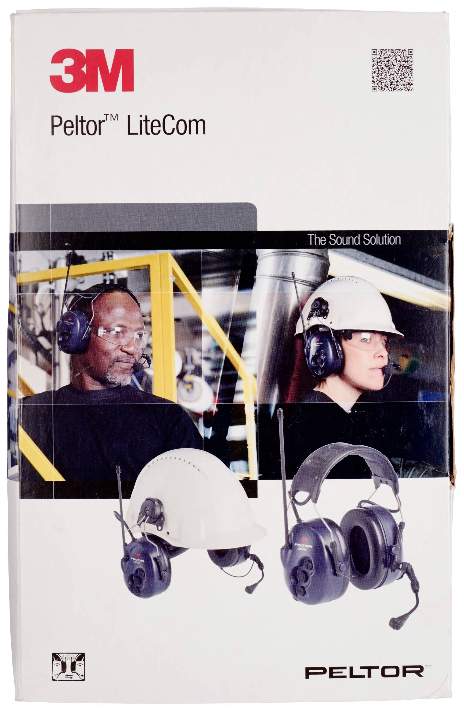 Förpackning för 3M Peltor LiteCom headset. Avbildade är arbetare med skyddshjälmar och kommunikationsheadset. Lämplig för bullriga miljöer.